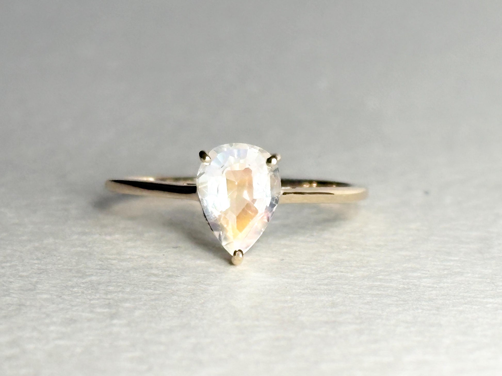 Madagascar Rainbow Moonstone Pear Solitaire Ring 9k Gold size 7 - NewLifeJewelryVault