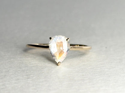 Madagascar Rainbow Moonstone Pear Solitaire Ring 9k Gold size 7 - NewLifeJewelryVault
