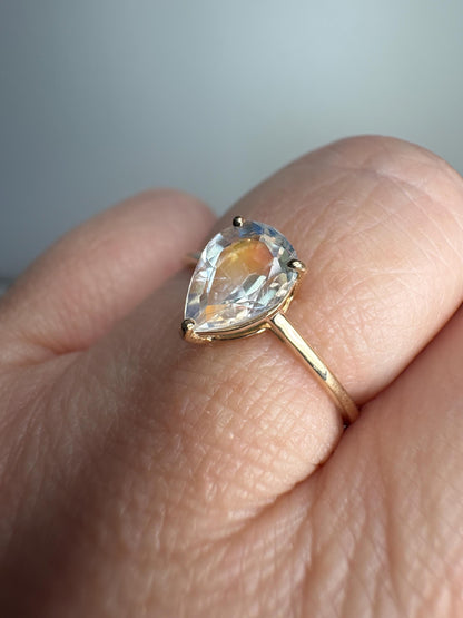 Madagascar Rainbow Moonstone Pear Solitaire Ring 9k Gold size 7 - NewLifeJewelryVault