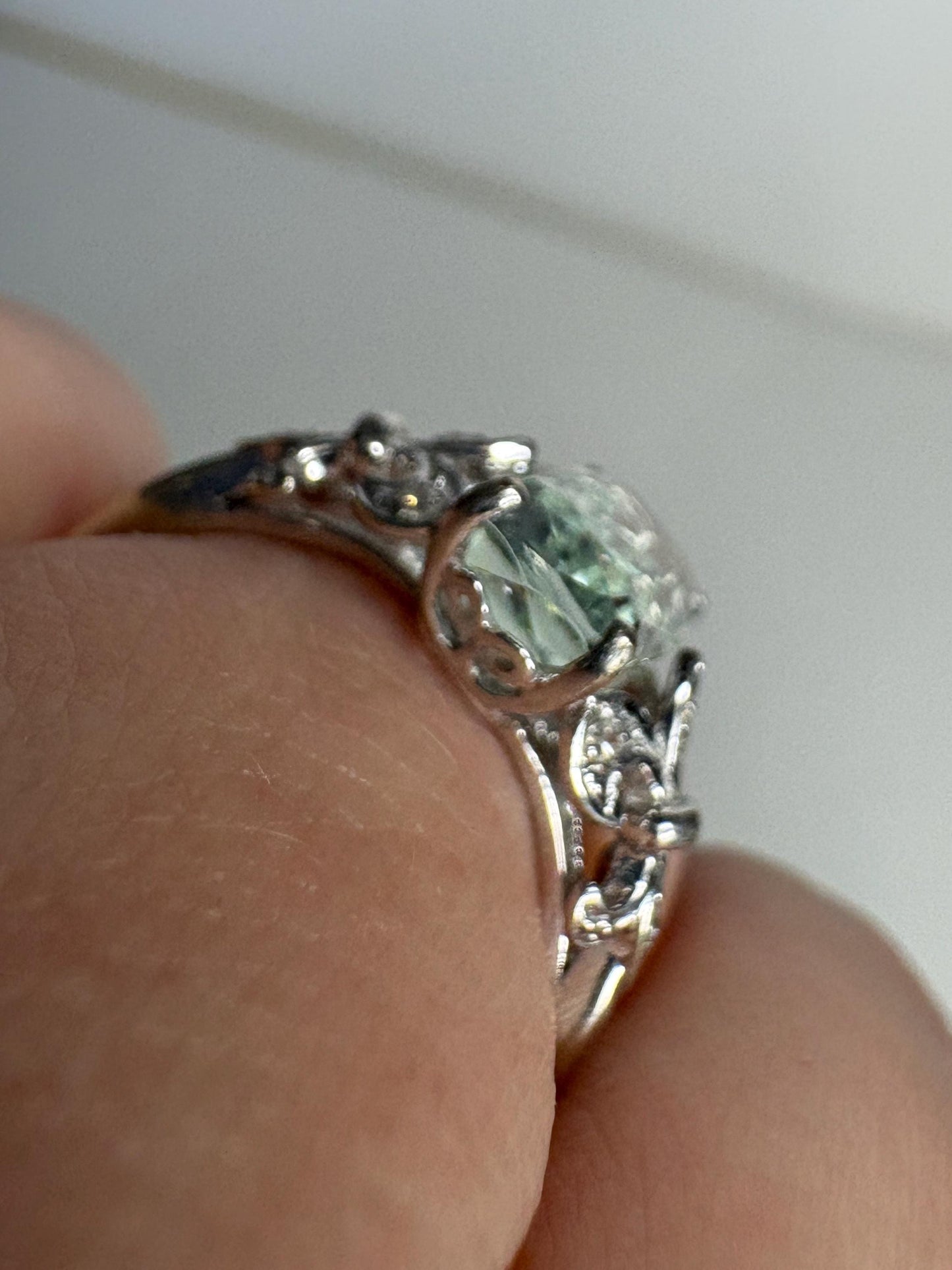 Prasiolite Green Quartz and Diamond Fleur De Lis Ring Solid 14k White Gold size 6.5 - NewLifeJewelryVault