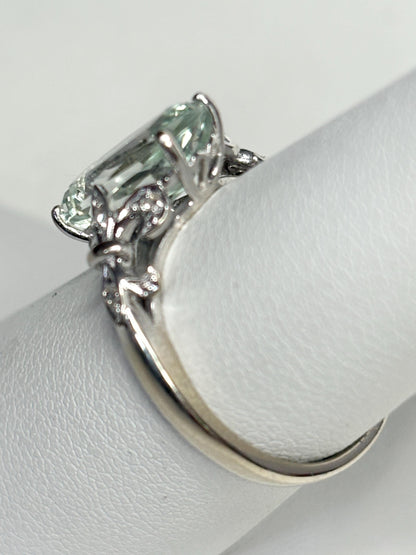 Prasiolite Green Quartz and Diamond Fleur De Lis Ring Solid 14k White Gold size 6.5 - NewLifeJewelryVault