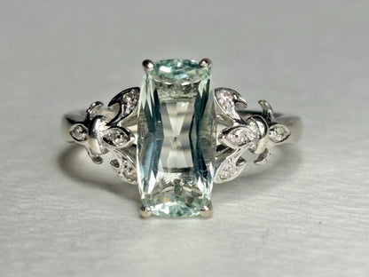 Prasiolite Green Quartz and Diamond Fleur De Lis Ring Solid 14k White Gold size 6.5 - NewLifeJewelryVault