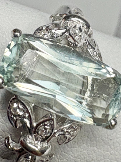 Prasiolite Green Quartz and Diamond Fleur De Lis Ring Solid 14k White Gold size 6.5 - NewLifeJewelryVault