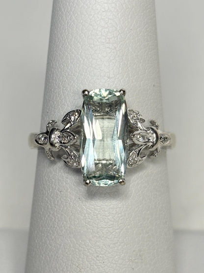 Prasiolite Green Quartz and Diamond Fleur De Lis Ring Solid 14k White Gold size 6.5 - NewLifeJewelryVault