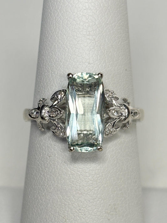 Prasiolite Green Quartz and Diamond Fleur De Lis Ring Solid 14k White Gold size 6.5 - NewLifeJewelryVault