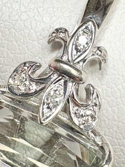 Prasiolite Green Quartz and Diamond Fleur De Lis Ring Solid 14k White Gold size 6.5 - NewLifeJewelryVault