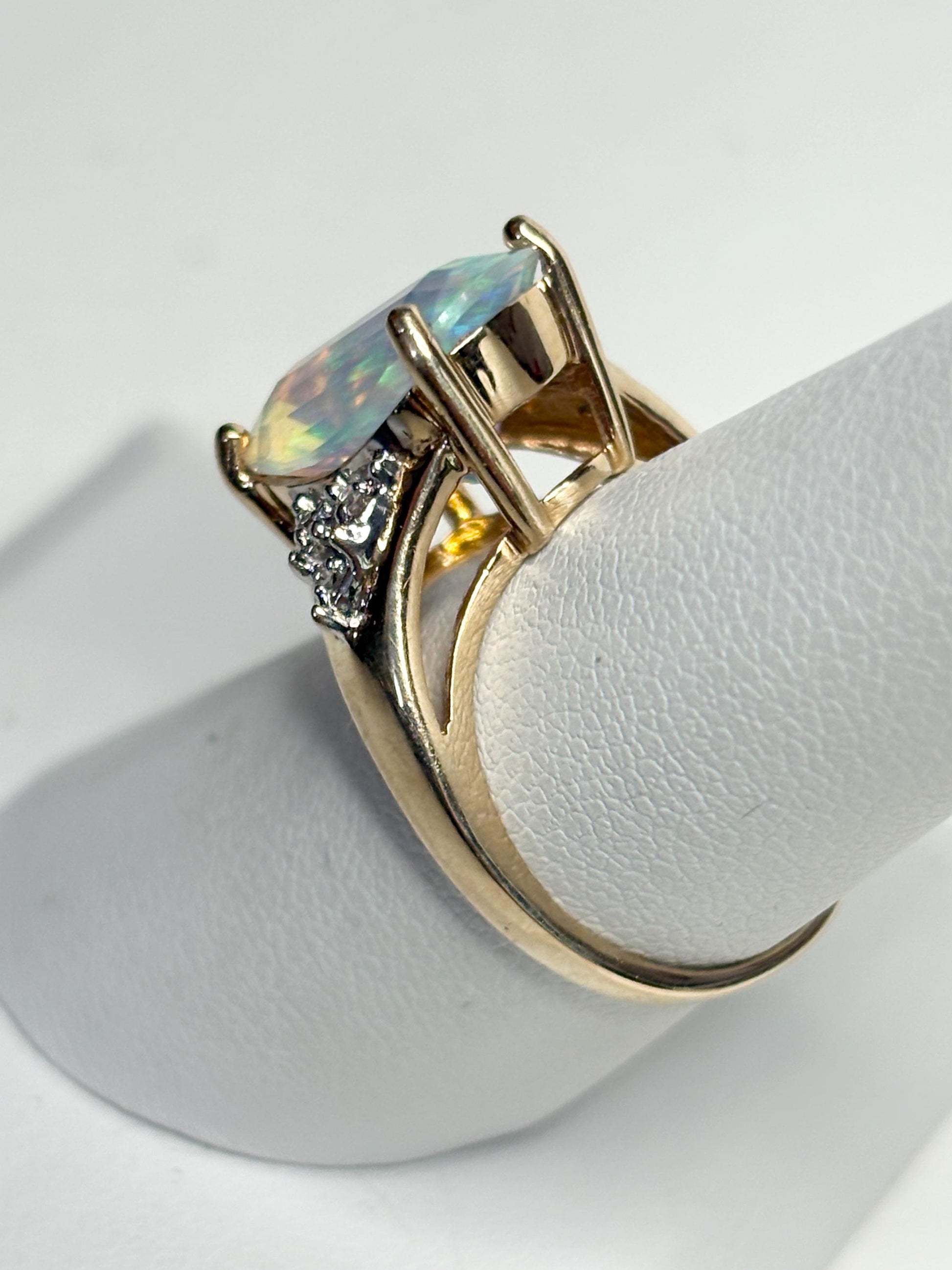 Fancy Cut Crystal Opal and Diamond Ring Solid 10k Gold size 6.75 - NewLifeJewelryVault
