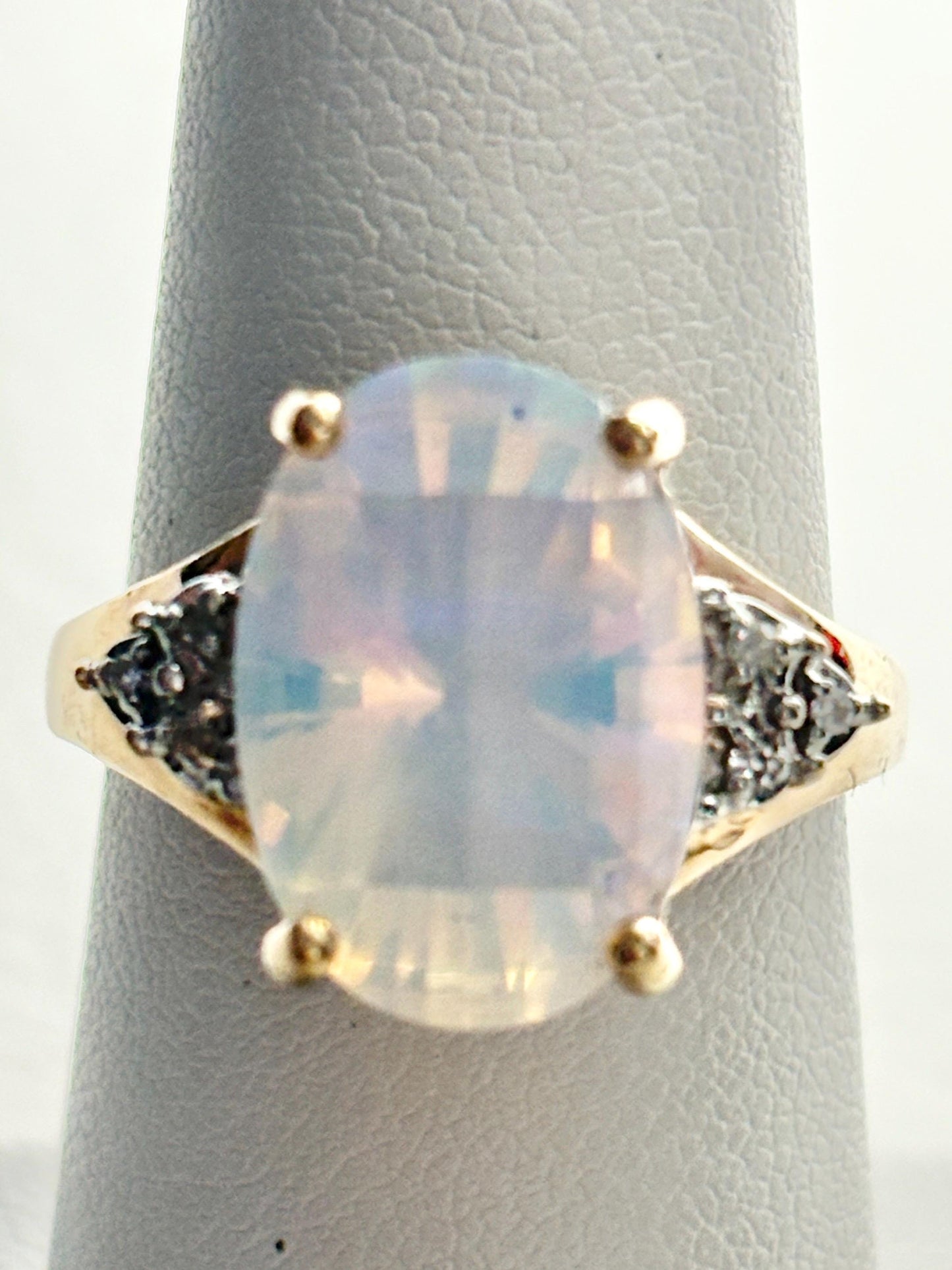 Fancy Cut Crystal Opal and Diamond Ring Solid 10k Gold size 6.75 - NewLifeJewelryVault