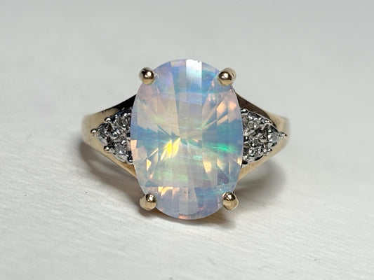 Fancy Cut Crystal Opal and Diamond Ring Solid 10k Gold size 6.75 - NewLifeJewelryVault