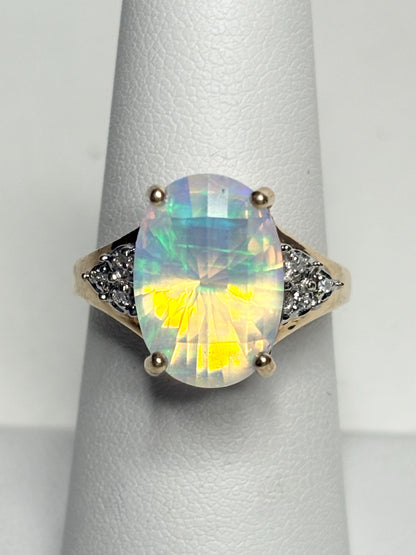 Fancy Cut Crystal Opal and Diamond Ring Solid 10k Gold size 6.75 - NewLifeJewelryVault