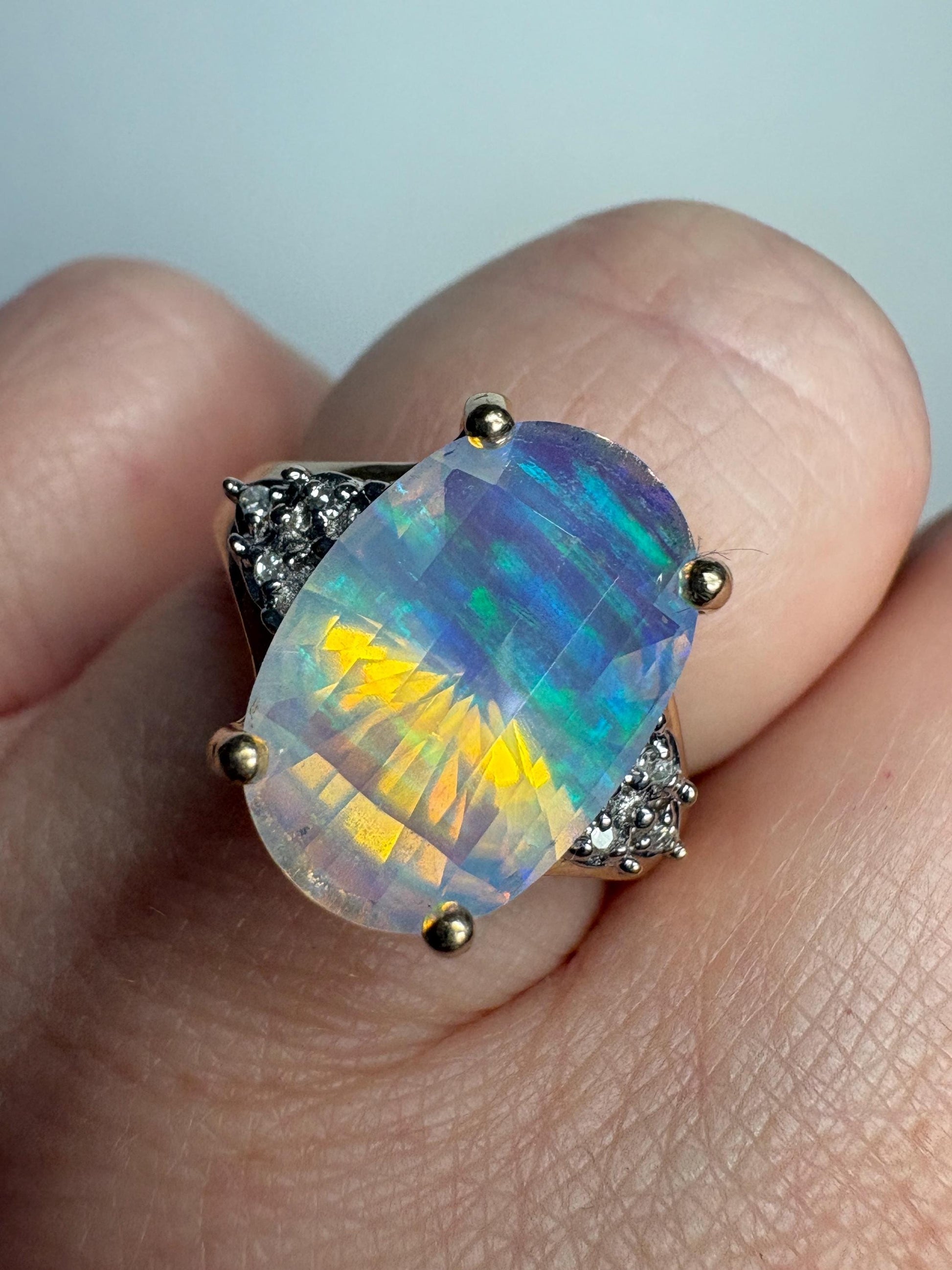 Fancy Cut Crystal Opal and Diamond Ring Solid 10k Gold size 6.75 - NewLifeJewelryVault