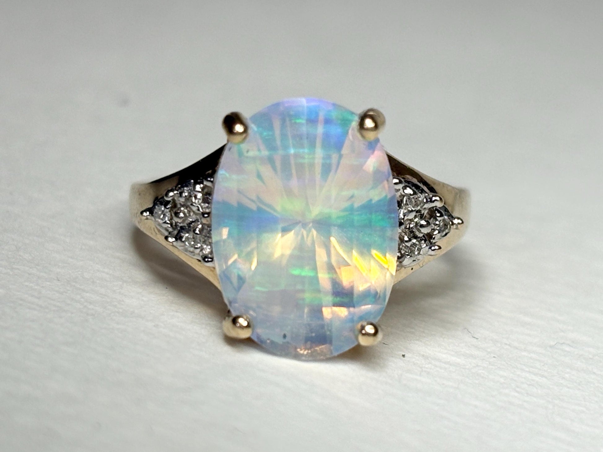 Fancy Cut Crystal Opal and Diamond Ring Solid 10k Gold size 6.75 - NewLifeJewelryVault