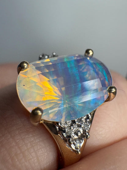 Fancy Cut Crystal Opal and Diamond Ring Solid 10k Gold size 6.75 - NewLifeJewelryVault