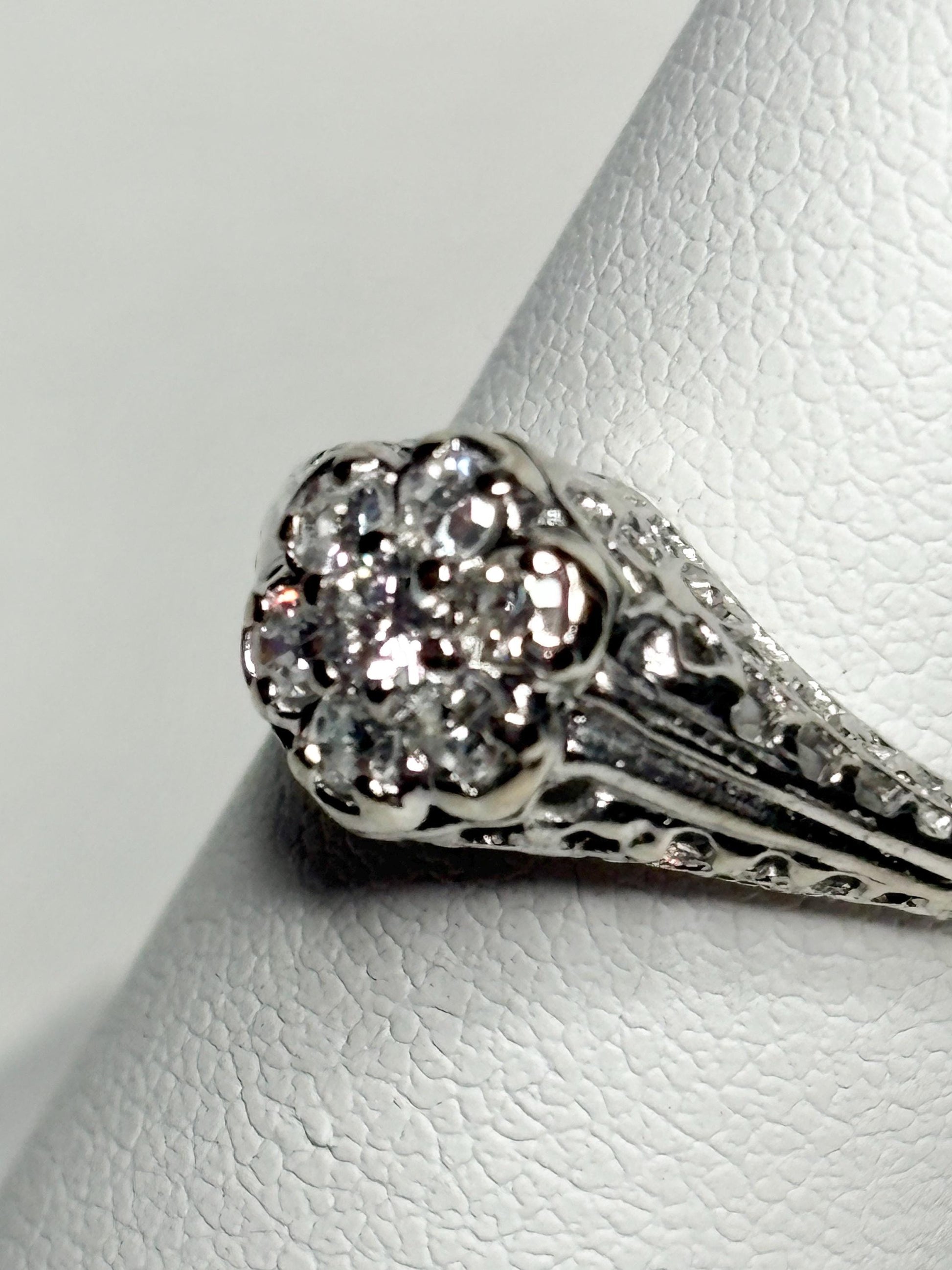 Art Deco Diamond Cluster Ring Solid 14k White Gold size 5.25 - NewLifeJewelryVault