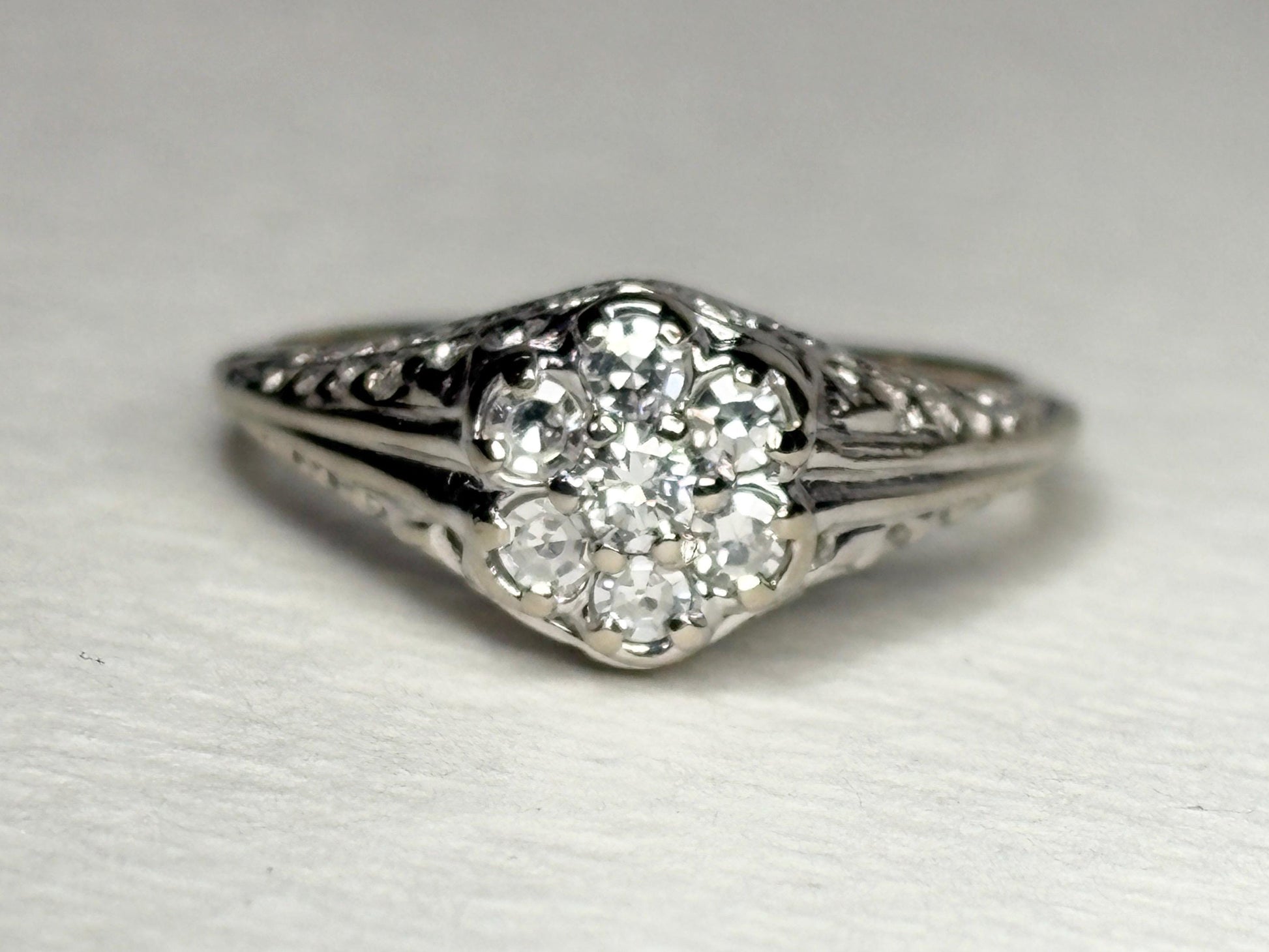 Art Deco Diamond Cluster Ring Solid 14k White Gold size 5.25 - NewLifeJewelryVault