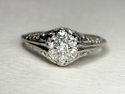 Art Deco Diamond Cluster Ring Solid 14k White Gold size 5.25 - NewLifeJewelryVault