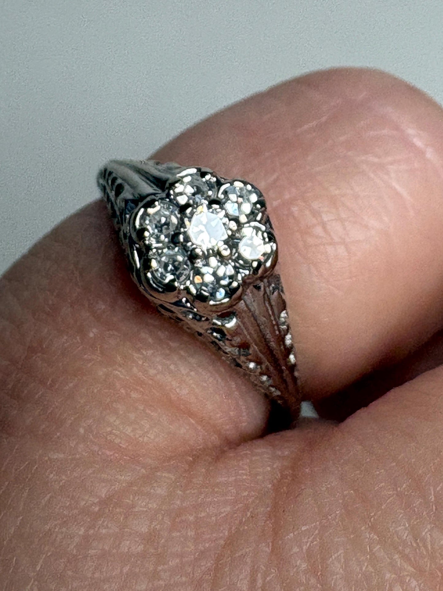 Art Deco Diamond Cluster Ring Solid 14k White Gold size 5.25 - NewLifeJewelryVault
