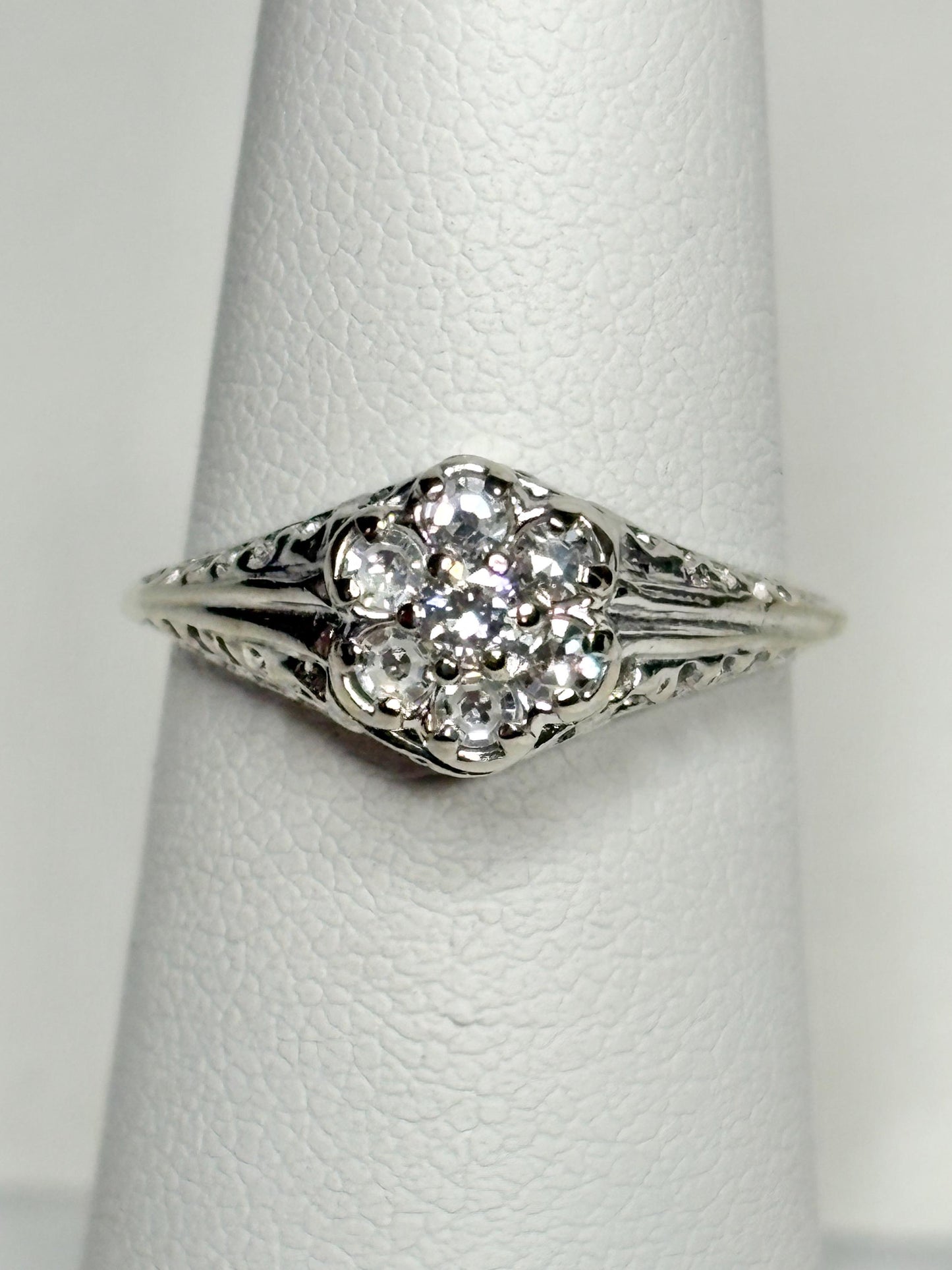 Art Deco Diamond Cluster Ring Solid 14k White Gold size 5.25 - NewLifeJewelryVault