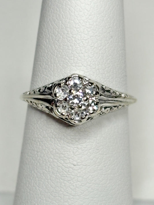 Art Deco Diamond Cluster Ring Solid 14k White Gold size 5.25 - NewLifeJewelryVault