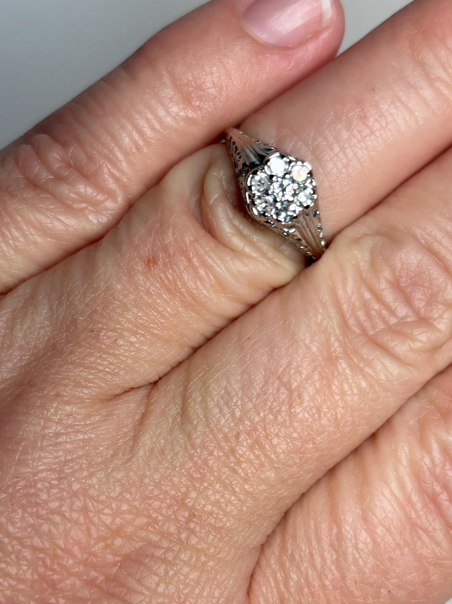 Art Deco Diamond Cluster Ring Solid 14k White Gold size 5.25 - NewLifeJewelryVault