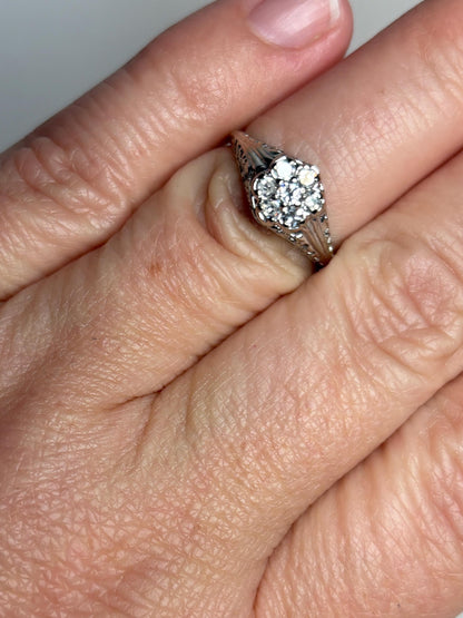 Art Deco Diamond Cluster Ring Solid 14k White Gold size 5.25 - NewLifeJewelryVault