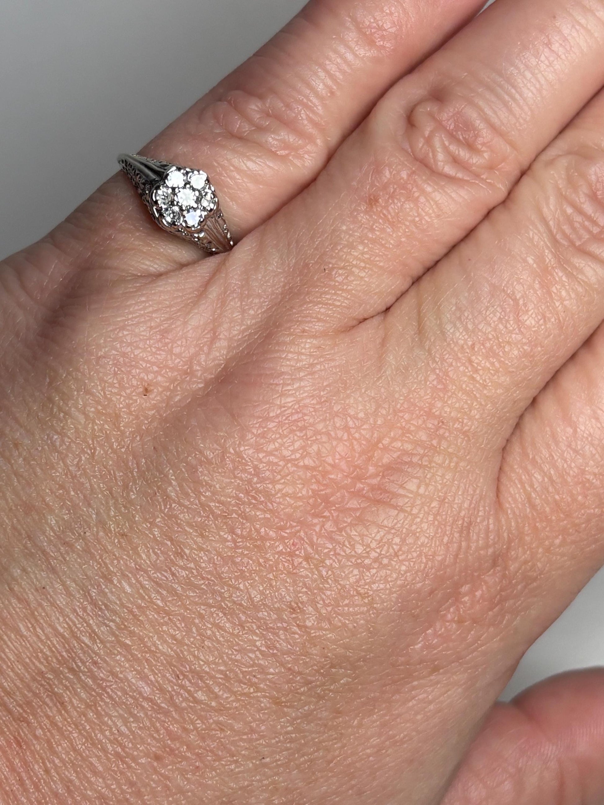 Art Deco Diamond Cluster Ring Solid 14k White Gold size 5.25 - NewLifeJewelryVault