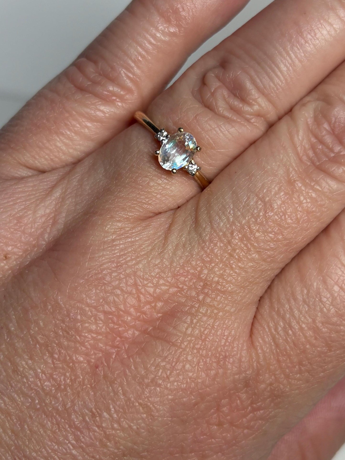 Madagascar Rainbow Moonstone and Diamond Ring 9k Gold size 7 - NewLifeJewelryVault