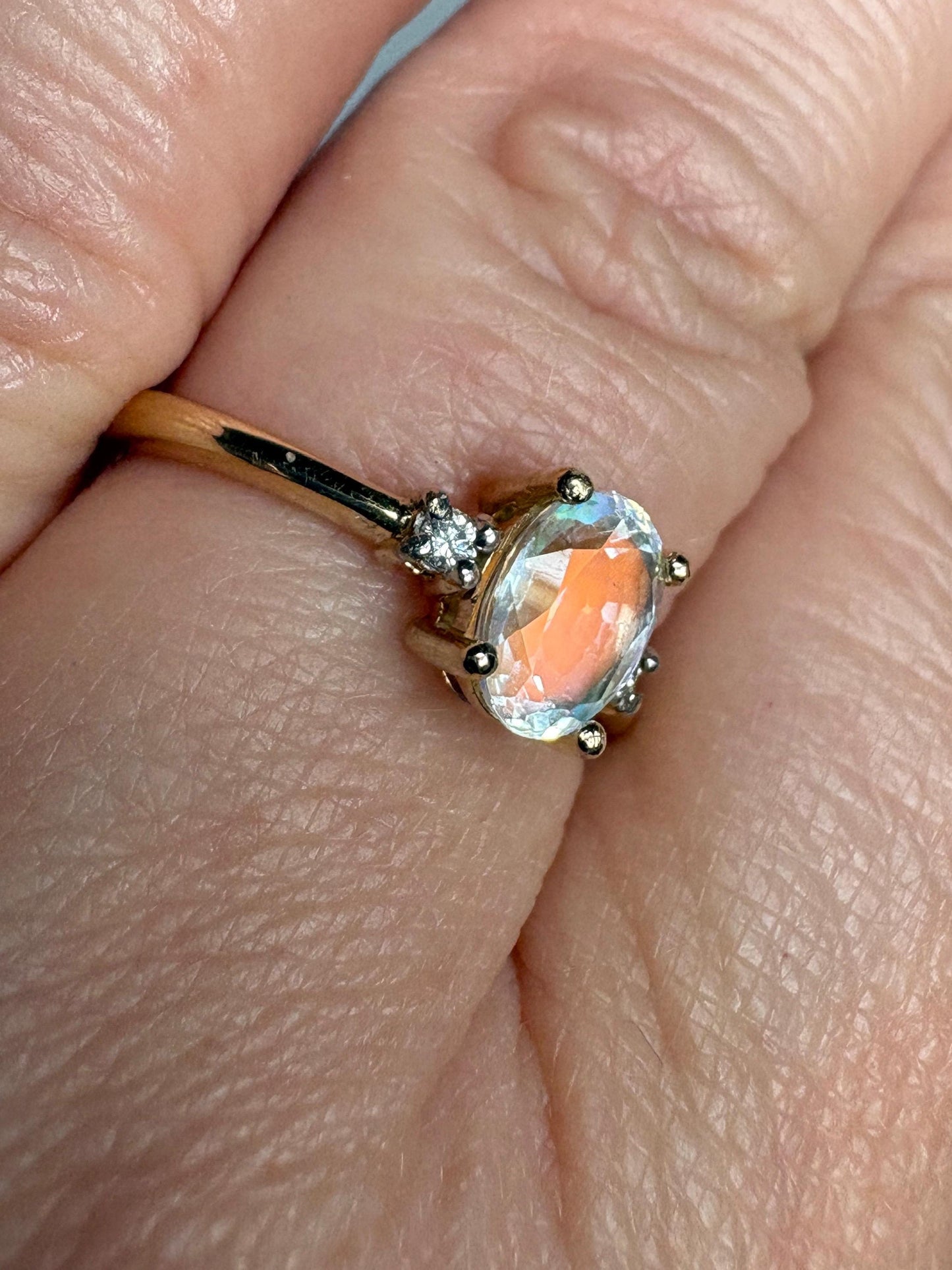 Madagascar Rainbow Moonstone and Diamond Ring 9k Gold size 7 - NewLifeJewelryVault
