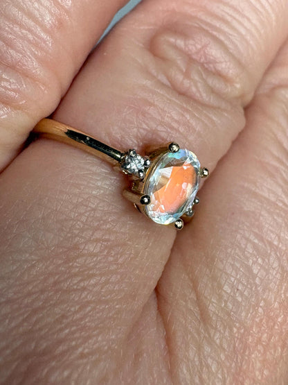 Madagascar Rainbow Moonstone and Diamond Ring 9k Gold size 7 - NewLifeJewelryVault