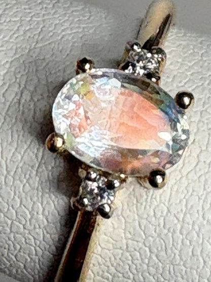 Madagascar Rainbow Moonstone and Diamond Ring 9k Gold size 7 - NewLifeJewelryVault