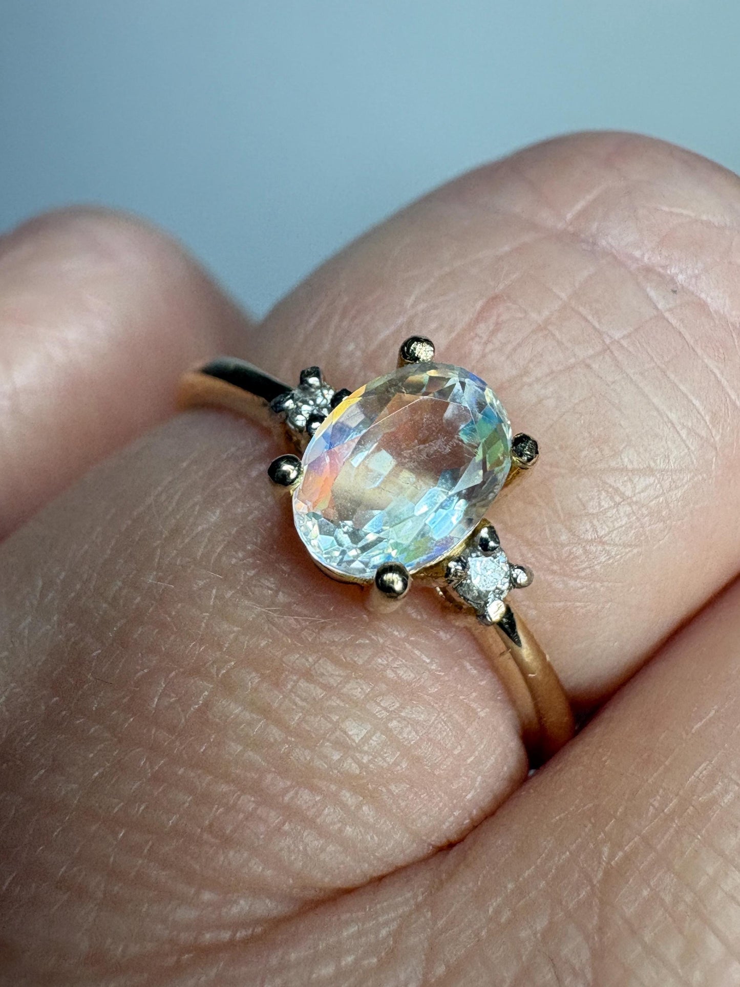 Madagascar Rainbow Moonstone and Diamond Ring 9k Gold size 7 - NewLifeJewelryVault