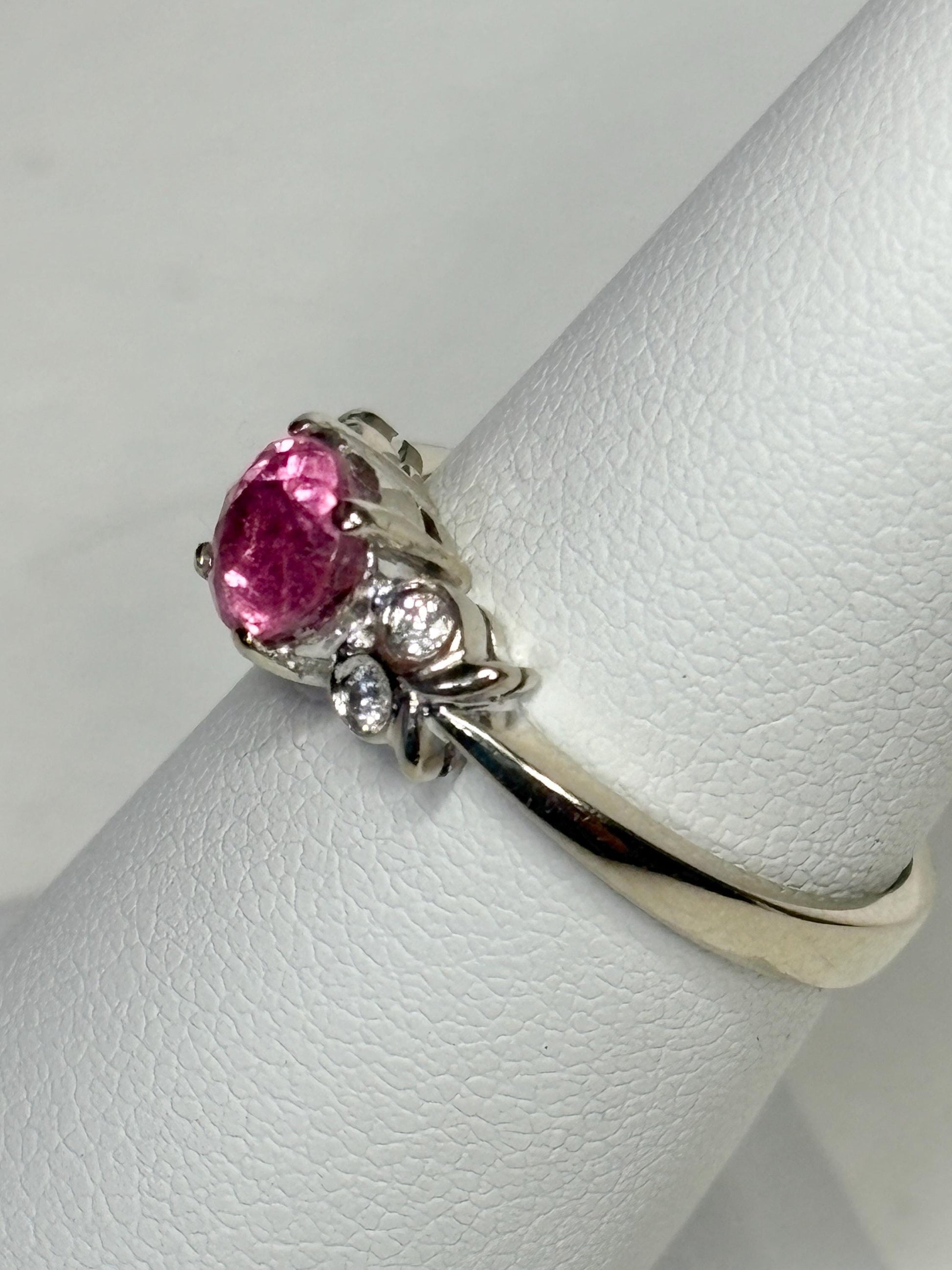 Pink Tourmaline and Diamond Ring Solid 14k White Gold size 6.5 - NewLifeJewelryVault