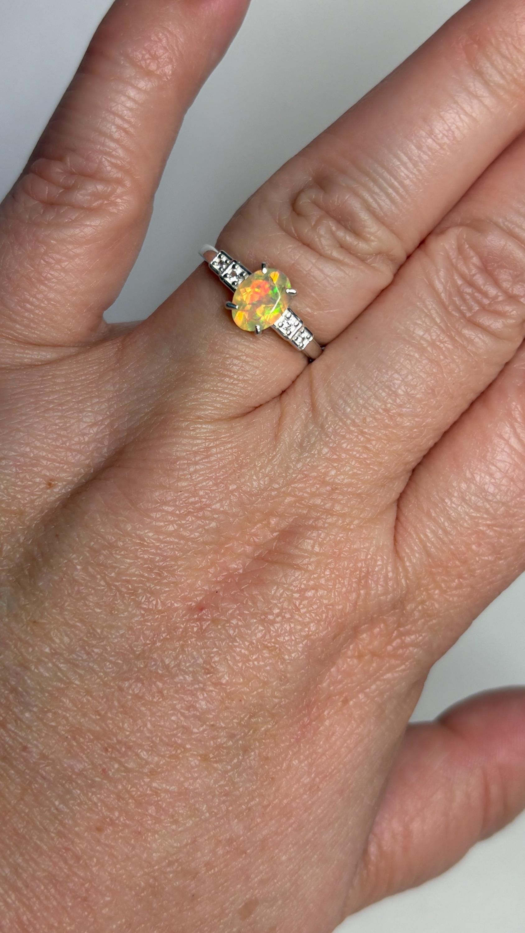 Ethiopian Wello Opal and Zircon Ring in Sterling Silver size 7 - NewLifeJewelryVault