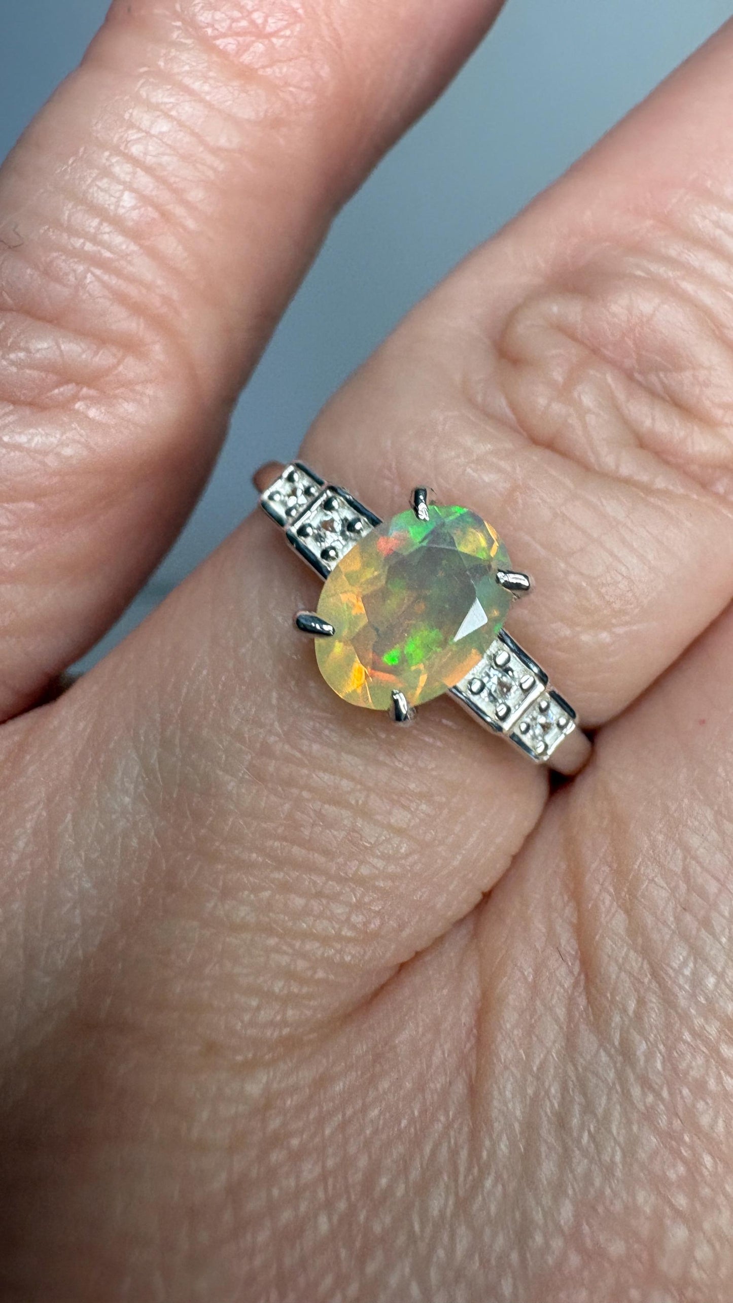 Ethiopian Wello Opal and Zircon Ring in Sterling Silver size 7 - NewLifeJewelryVault