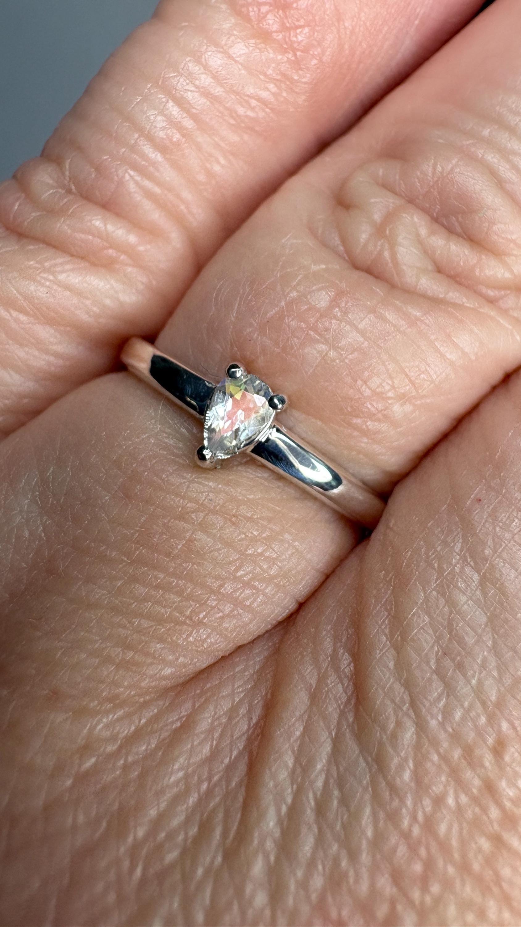Madagascar Rainbow Moonstone Tear Pear Solitaire Ring in Sterling Silver size 7 - NewLifeJewelryVault