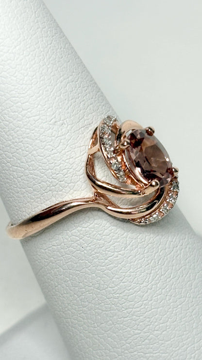 Natural Rose Pink Zircon and Diamond Swirl Ring Solid 10k Rose Gold size 6.75 - NewLifeJewelryVault