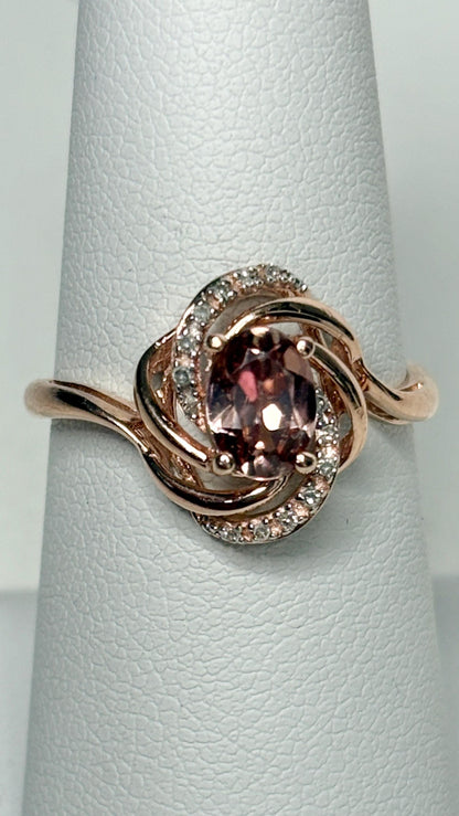 Natural Rose Pink Zircon and Diamond Swirl Ring Solid 10k Rose Gold size 6.75 - NewLifeJewelryVault