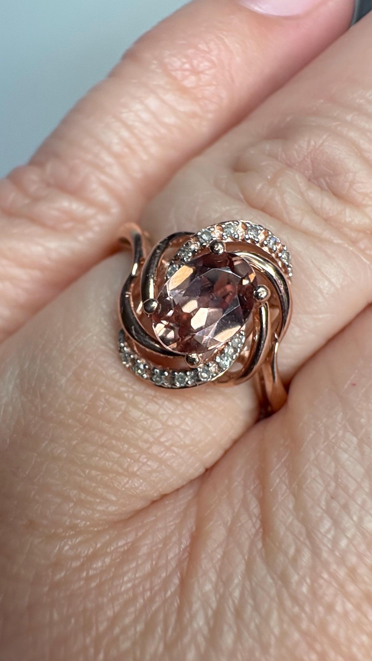 Natural Rose Pink Zircon and Diamond Swirl Ring Solid 10k Rose Gold size 6.75 - NewLifeJewelryVault