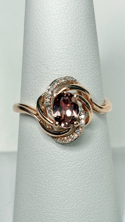 Natural Rose Pink Zircon and Diamond Swirl Ring Solid 10k Rose Gold size 6.75 - NewLifeJewelryVault