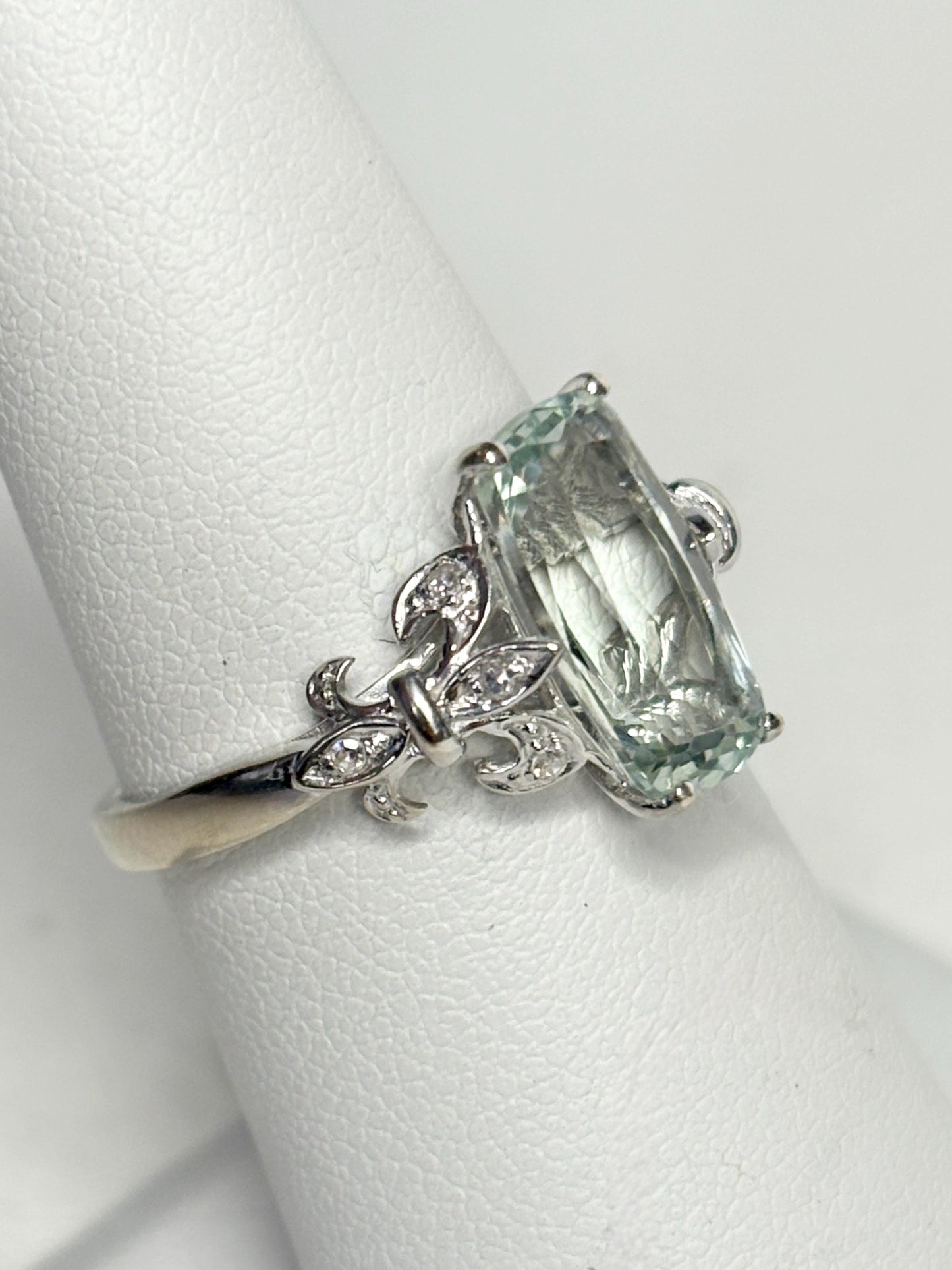 Prasiolite Green Quartz and Diamond Fleur De Lis Ring Solid 14k White Gold size 6.5 - NewLifeJewelryVault