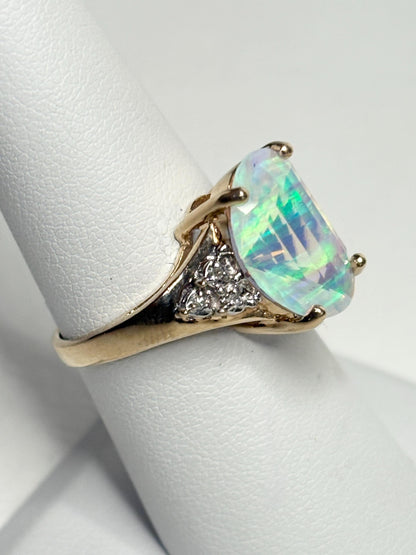 Fancy Cut Crystal Opal and Diamond Ring Solid 10k Gold size 6.75 - NewLifeJewelryVault