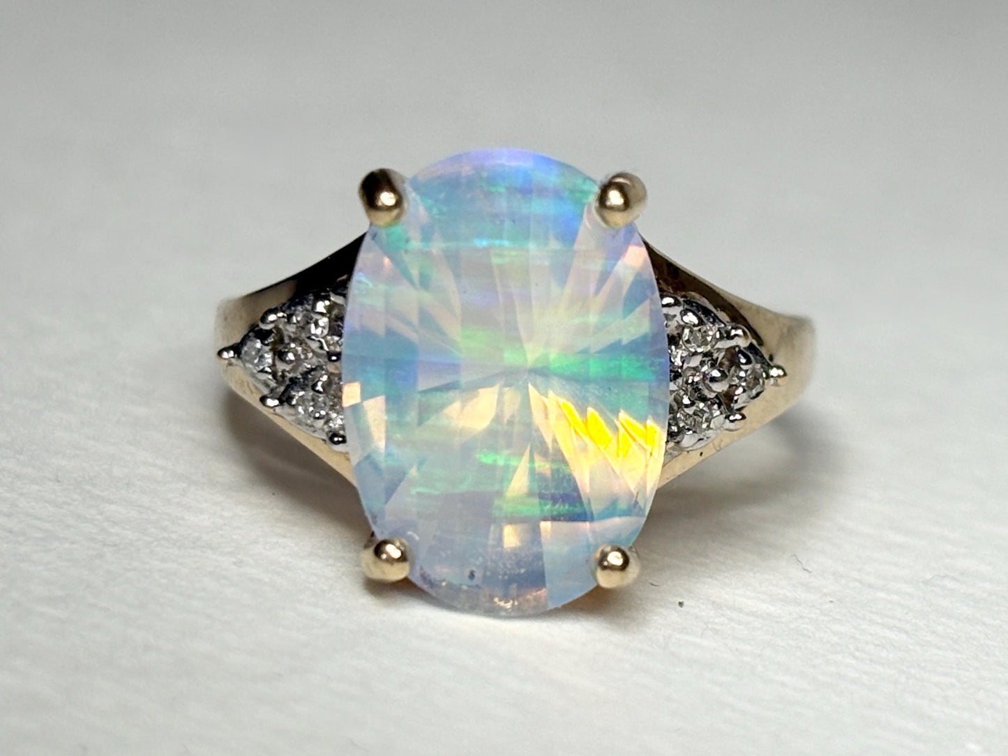 Fancy Cut Crystal Opal and Diamond Ring Solid 10k Gold size 6.75 - NewLifeJewelryVault