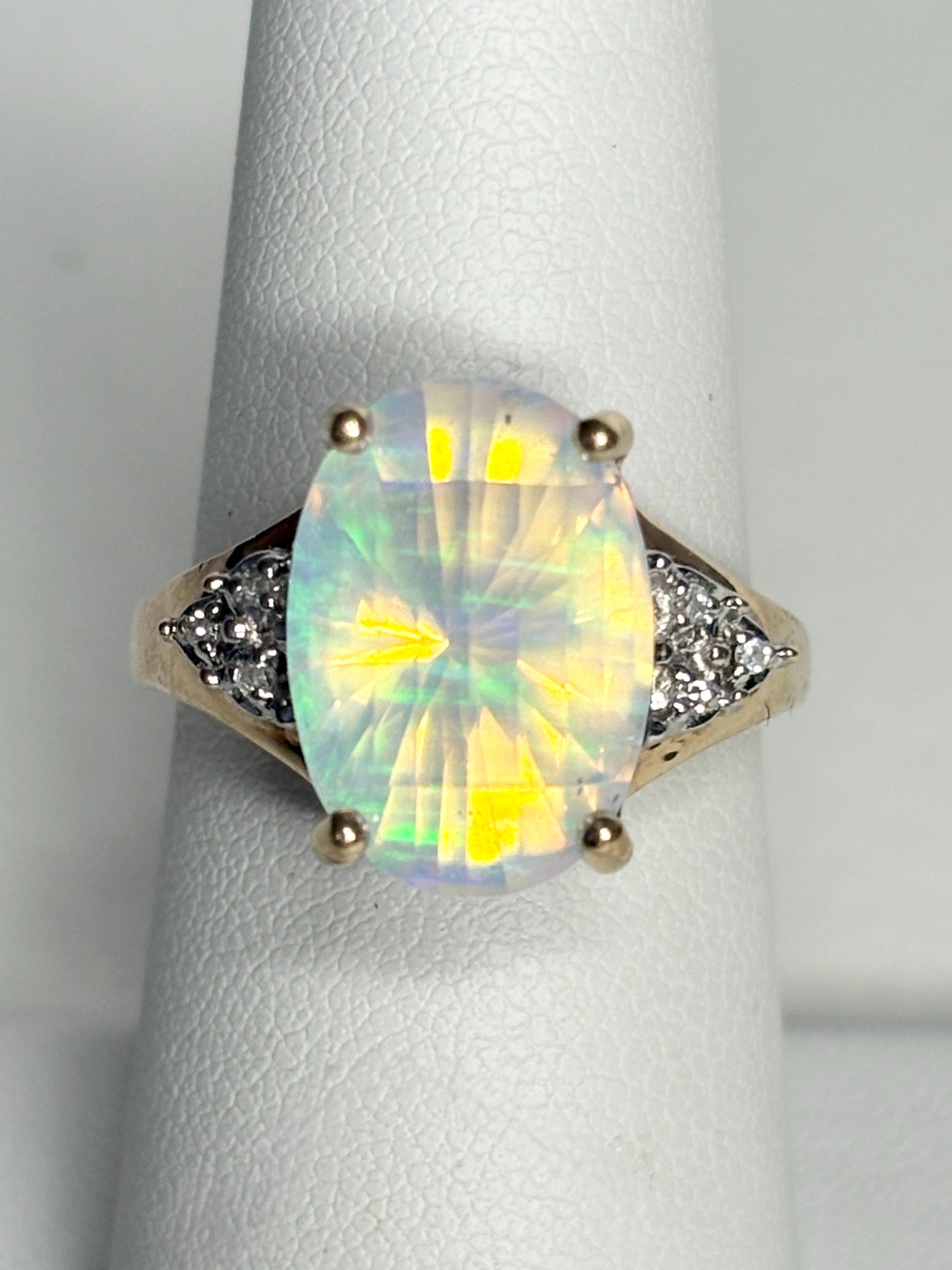 Fancy Cut Crystal Opal and Diamond Ring Solid 10k Gold size 6.75 - NewLifeJewelryVault
