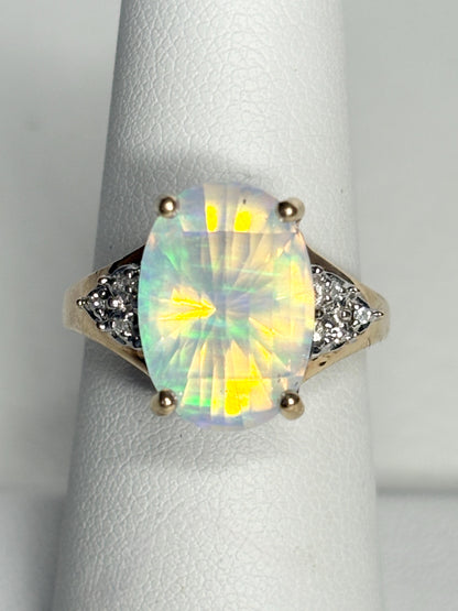 Fancy Cut Crystal Opal and Diamond Ring Solid 10k Gold size 6.75 - NewLifeJewelryVault