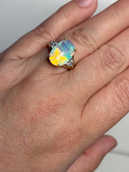Fancy Cut Crystal Opal and Diamond Ring Solid 10k Gold size 6.75 - NewLifeJewelryVault