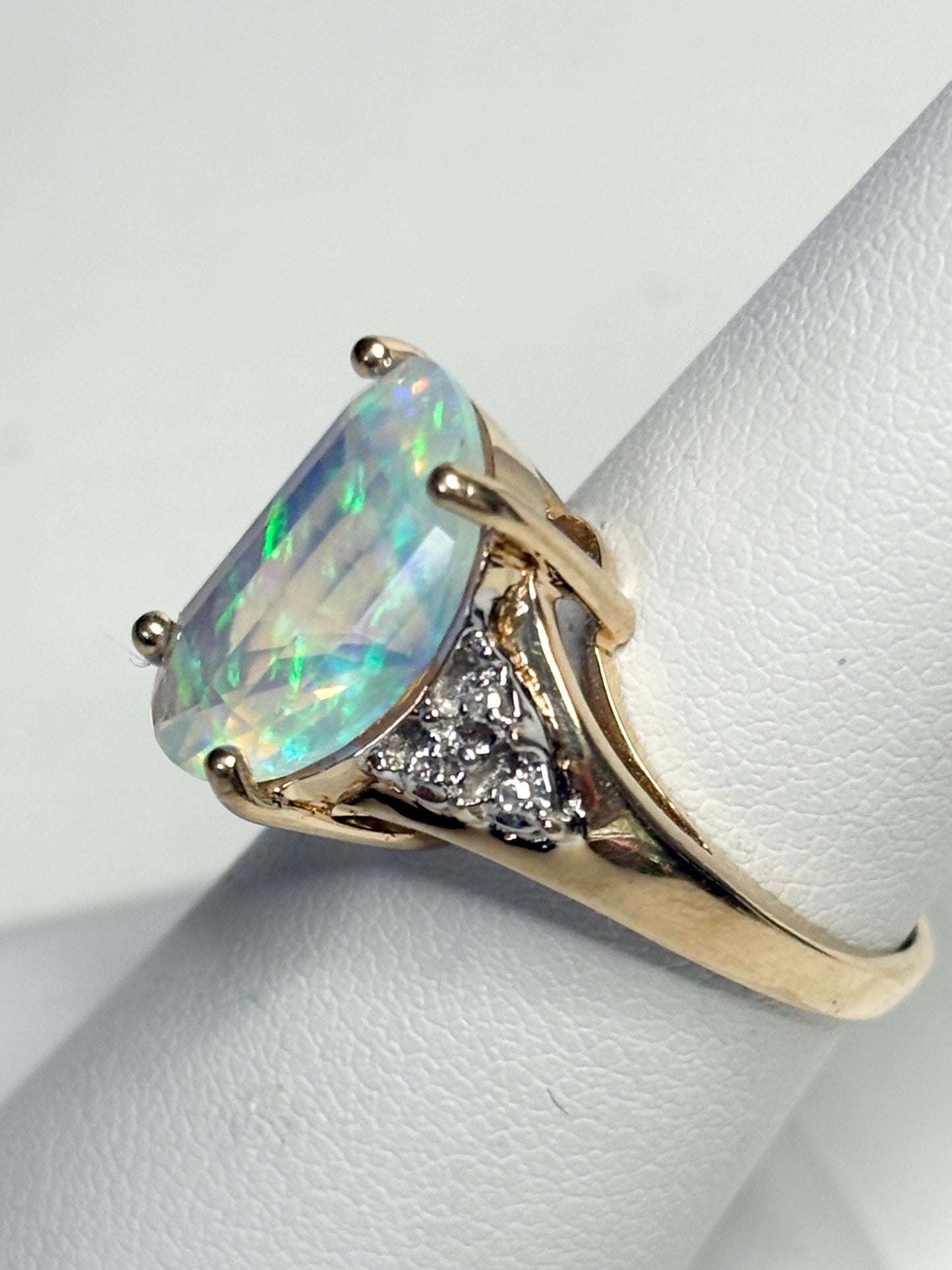 Fancy Cut Crystal Opal and Diamond Ring Solid 10k Gold size 6.75 - NewLifeJewelryVault
