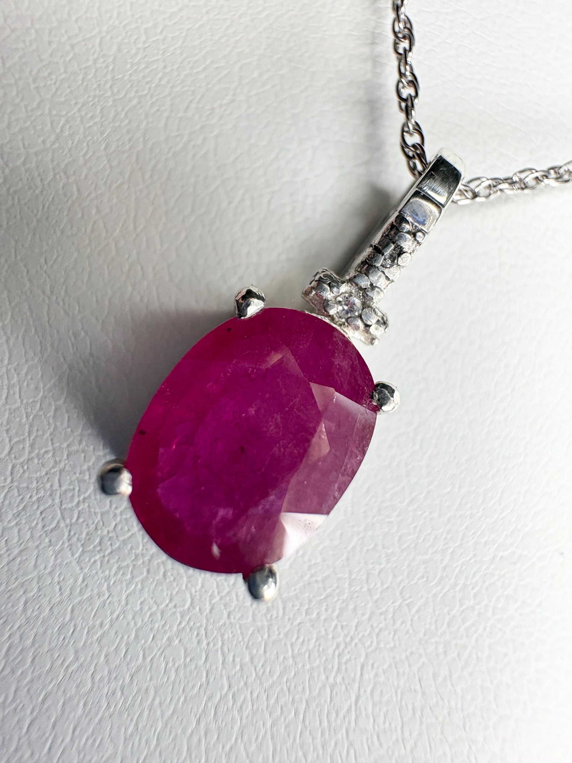 Ruby and Diamond Pendant Necklace Sterling Silver 18" - NewLifeJewelryVault