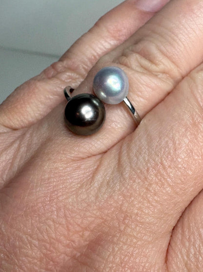 Tahitian and Blue Akoya Adjustable Solid Platinum Bypass Ring - NewLifeJewelryVault