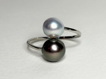 Tahitian and Blue Akoya Adjustable Solid Platinum Bypass Ring - NewLifeJewelryVault