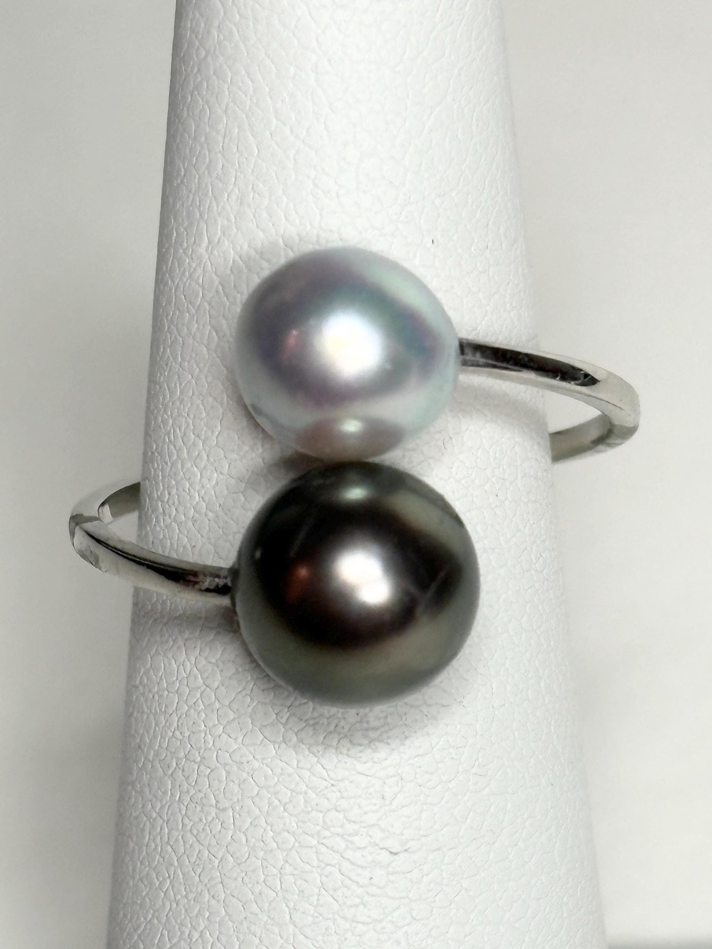 Tahitian and Blue Akoya Adjustable Solid Platinum Bypass Ring - NewLifeJewelryVault